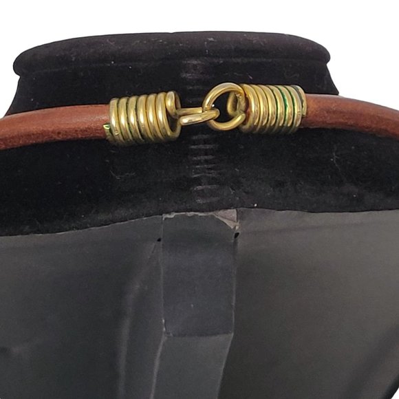 Corded Choker 14" Necklace Brown Plastic Beads Gold Tone Accents Hook Close - Picture 4 of 5